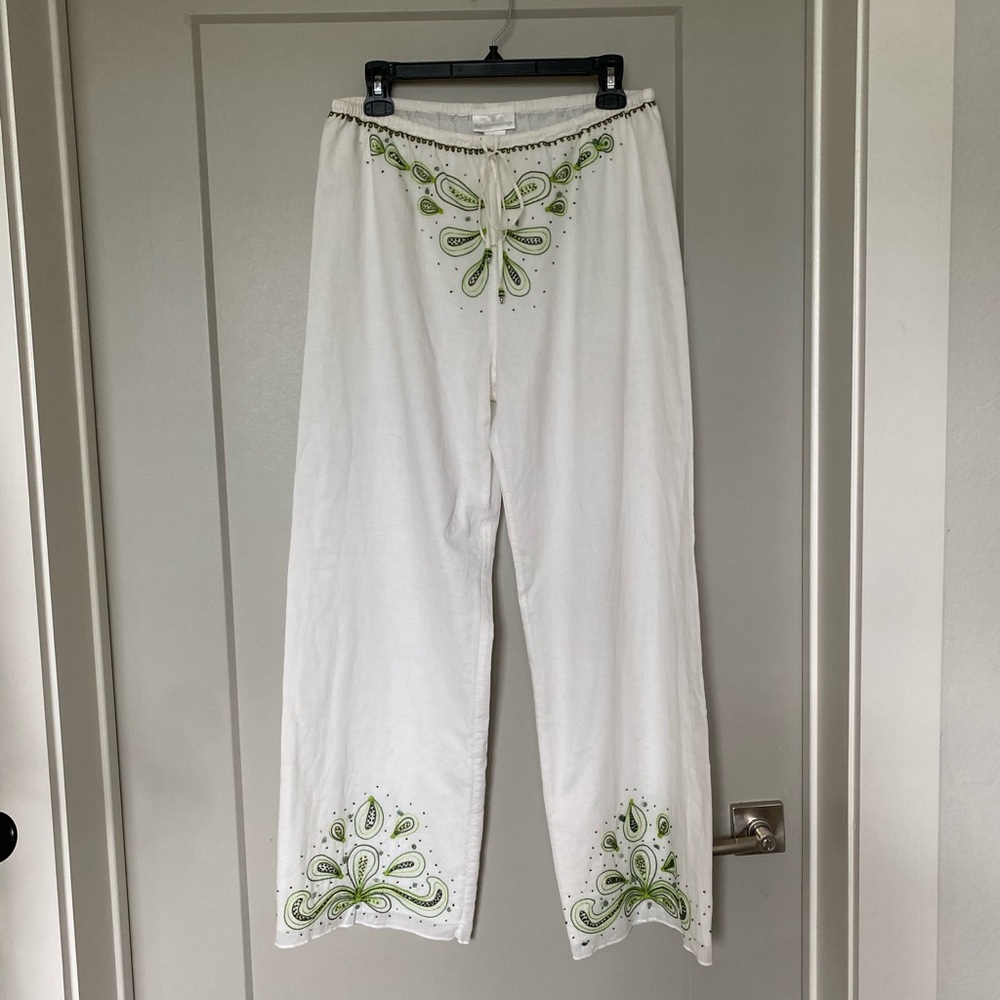 Soft surroundings 100% cotton beaded embroidered wide leg palazzo pants boho